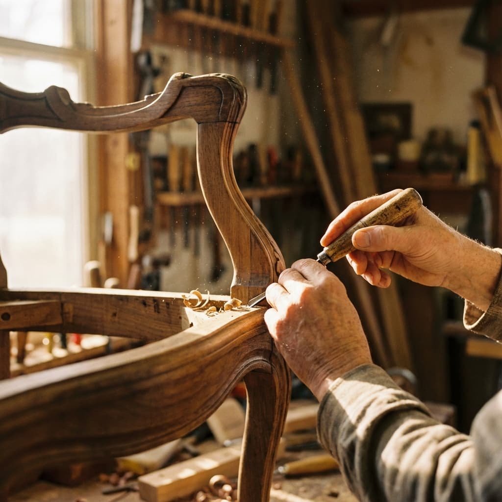Craftsman restoring antique chair frame
