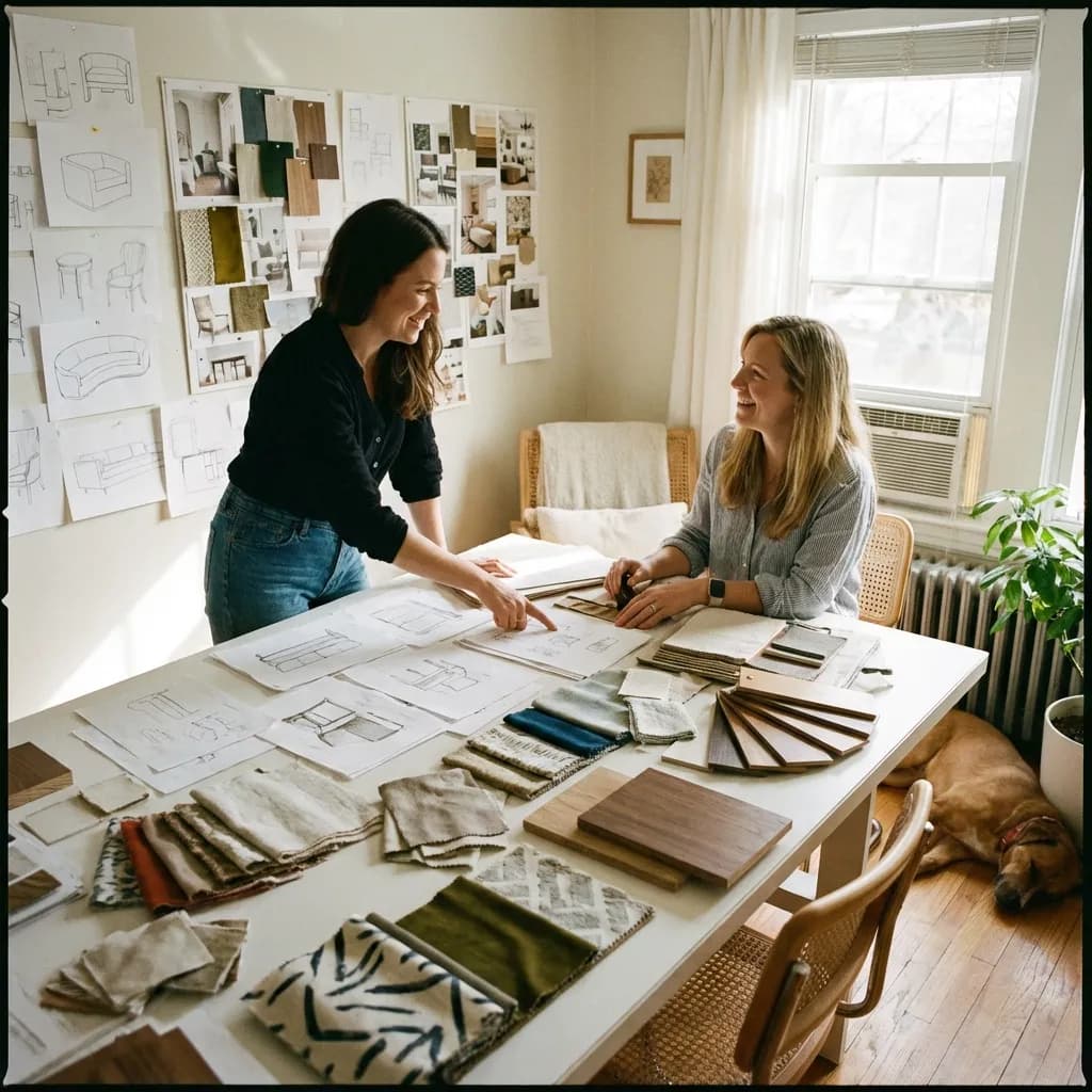Interior designer workspace with sketches, fabric swatches, and wood finish samples
