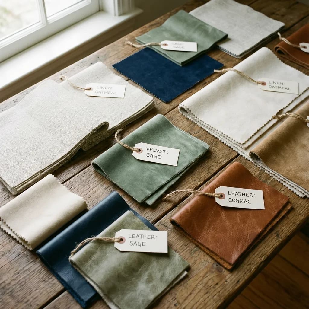 Curated spread of upholstery fabric samples including linen, velvet, and leather