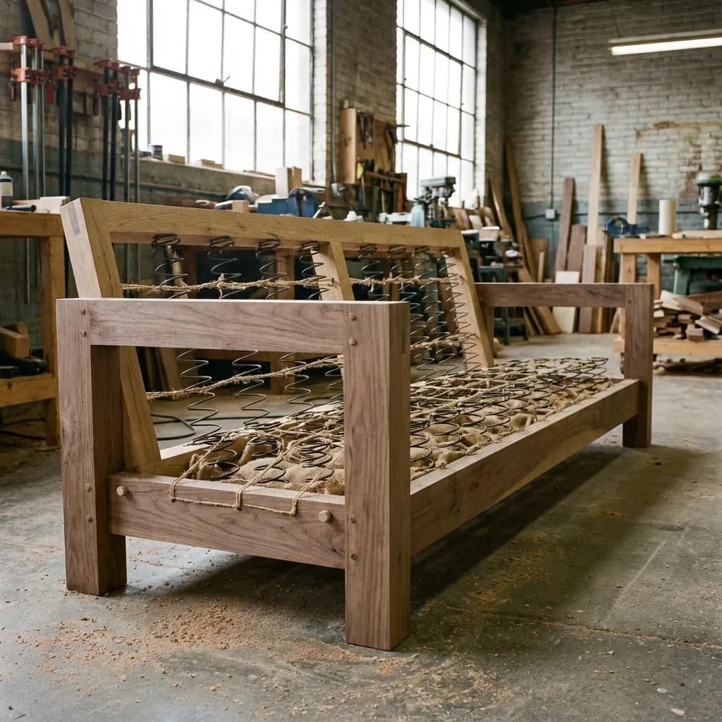 Raw kiln-dried hardwood furniture frame showing robust joinery and quality springs
