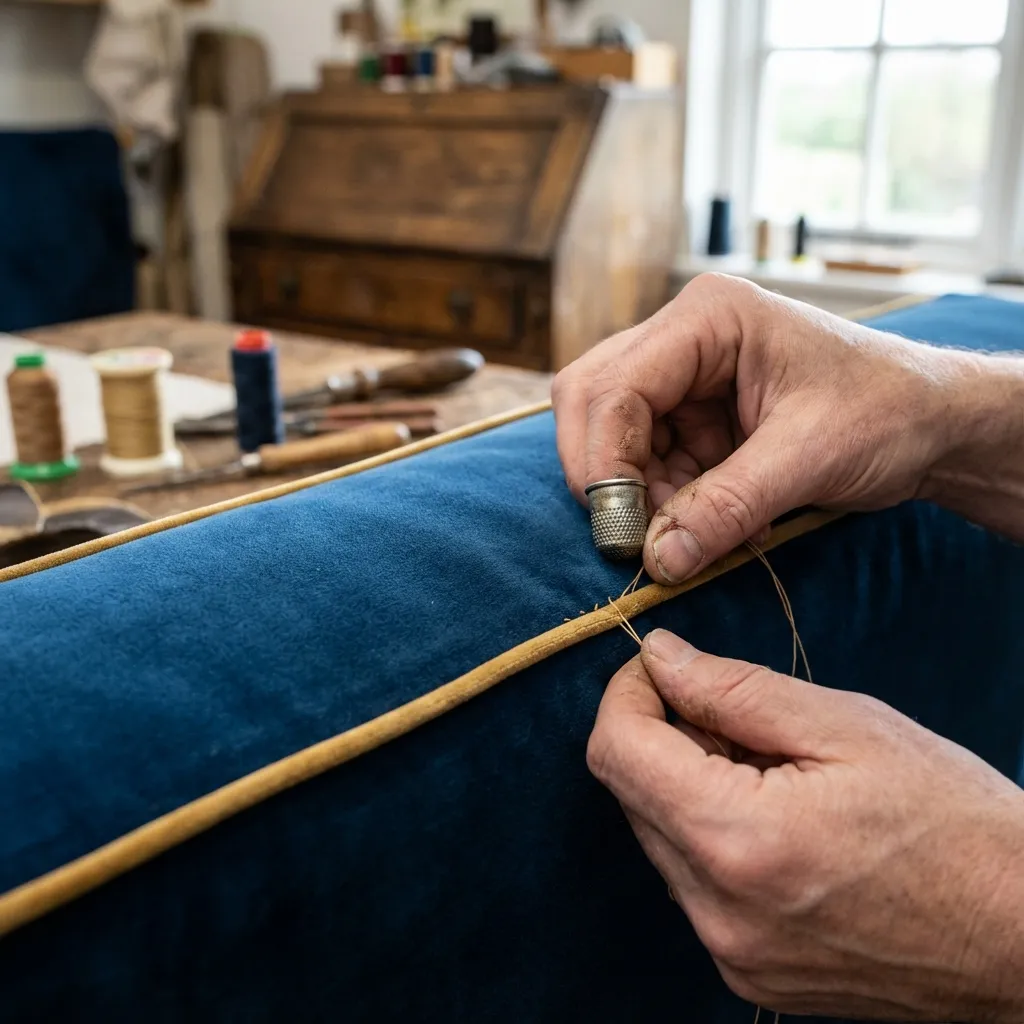 Expert hands sewing piping onto a velvet sofa cushion
