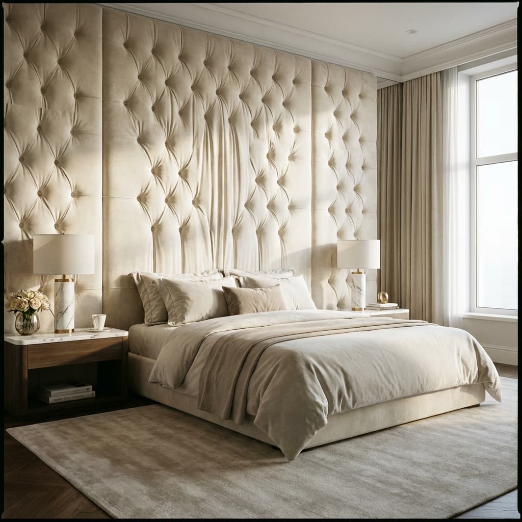 Luxury custom upholstered tufted headboard in bedroom