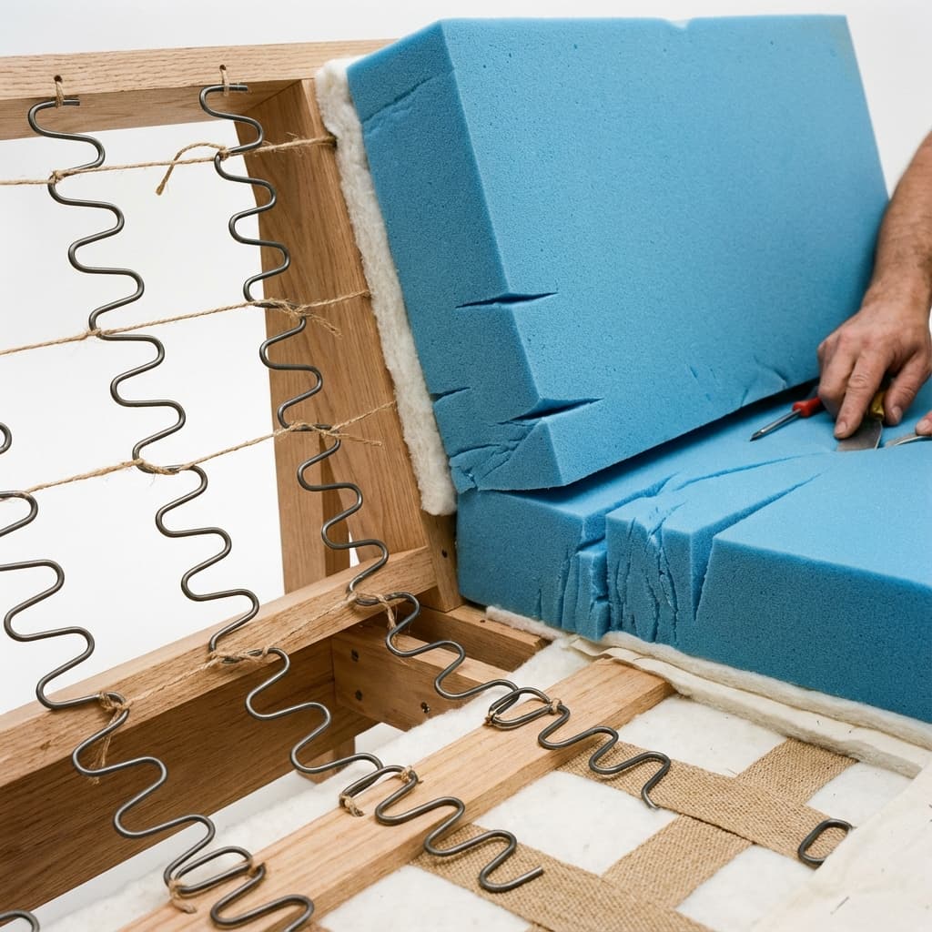 Internal sofa spring and foam repair close-up