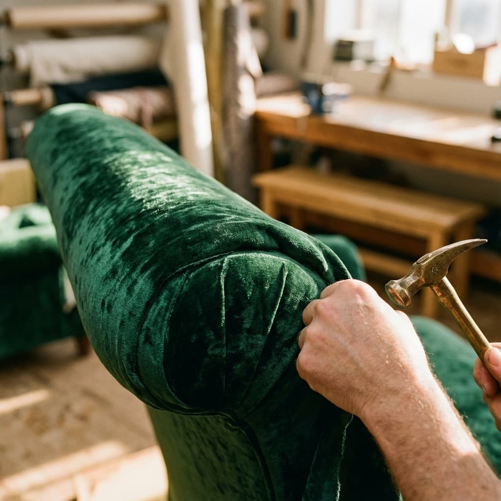 Emerald green velvet sofa reupholstery detail