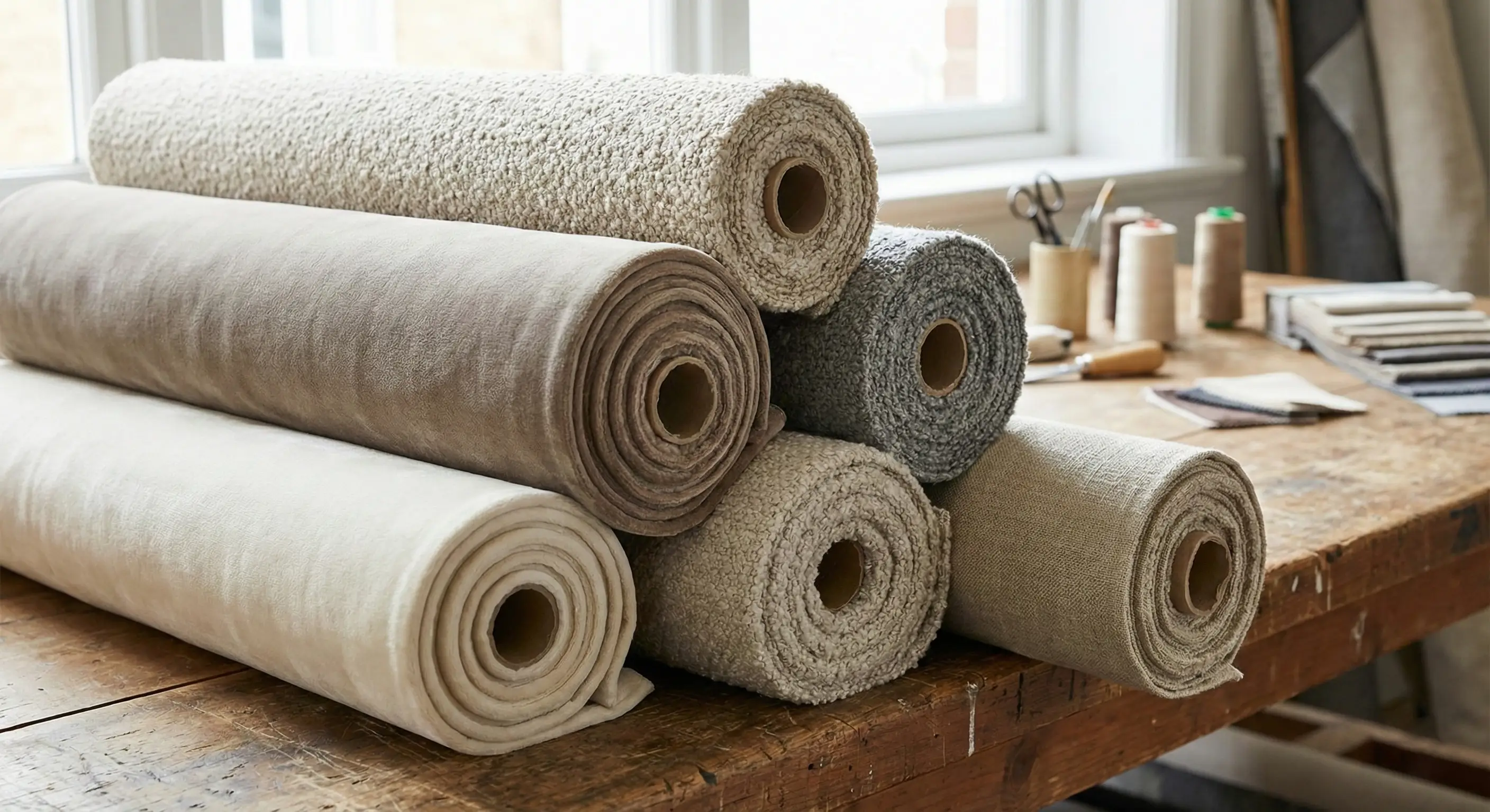 Stack of upholstery fabric rolls in various textures