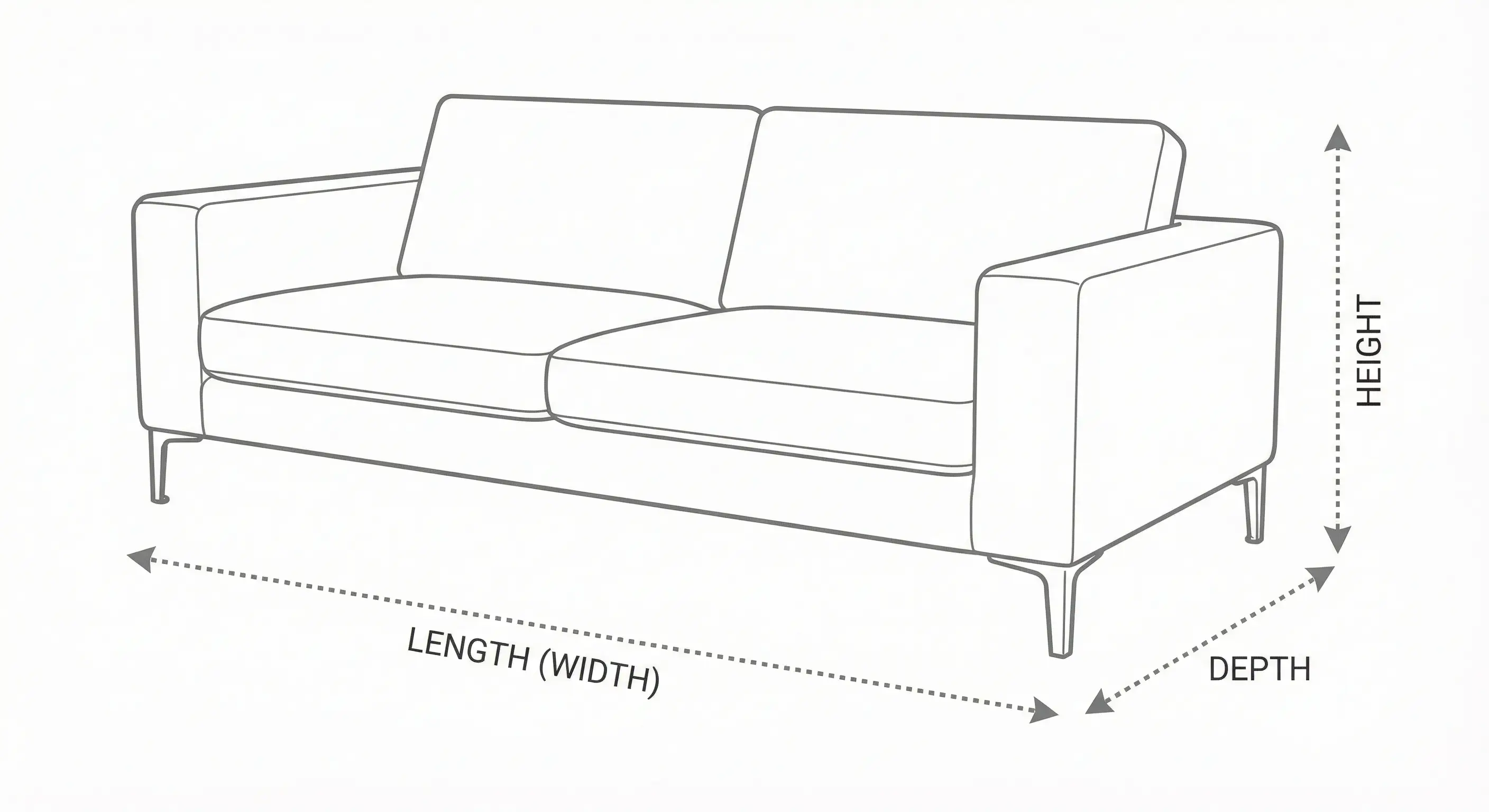 Diagram showing length, depth, and height measurements on a modern sofa