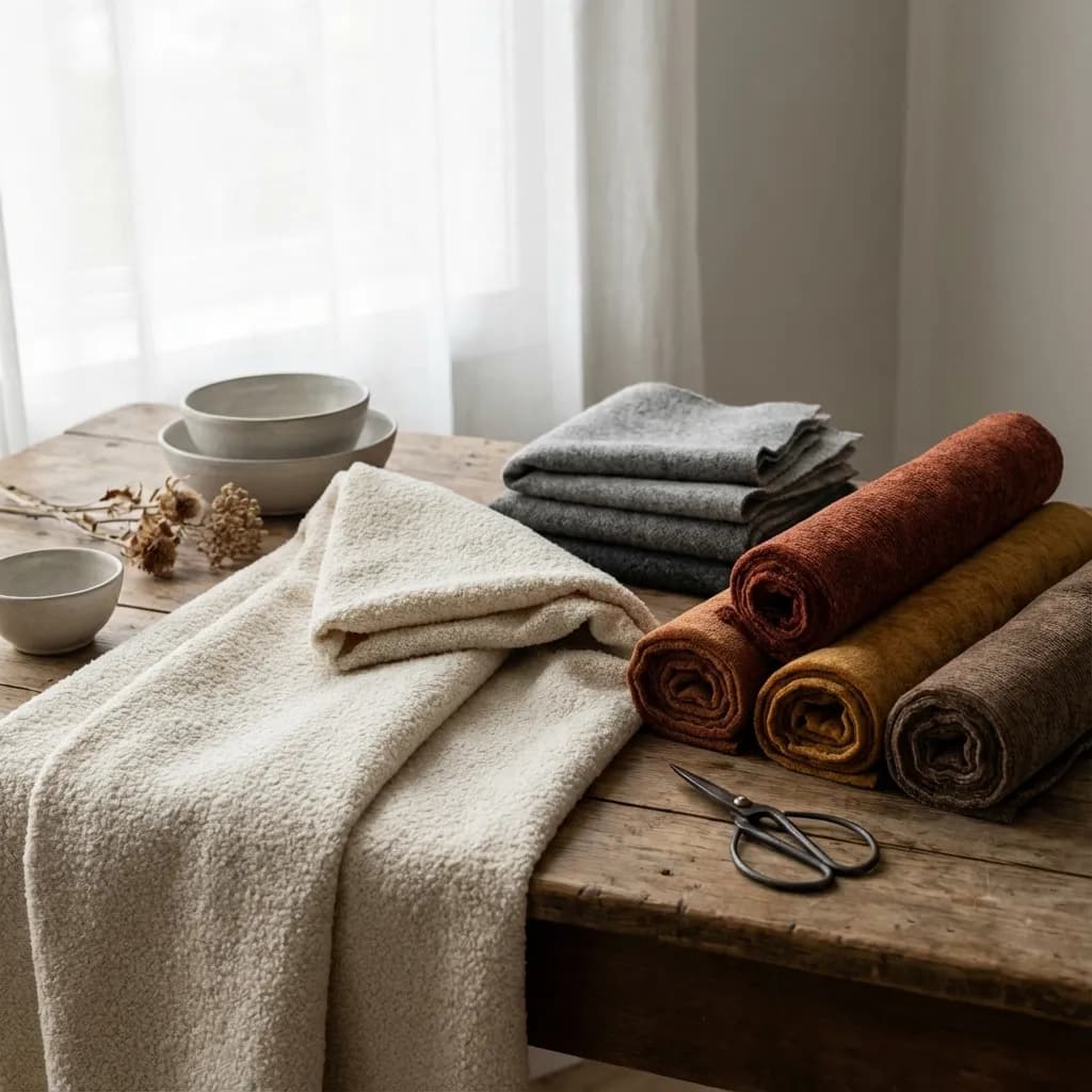 Swatches of bouclé and wool fabrics on a wooden table