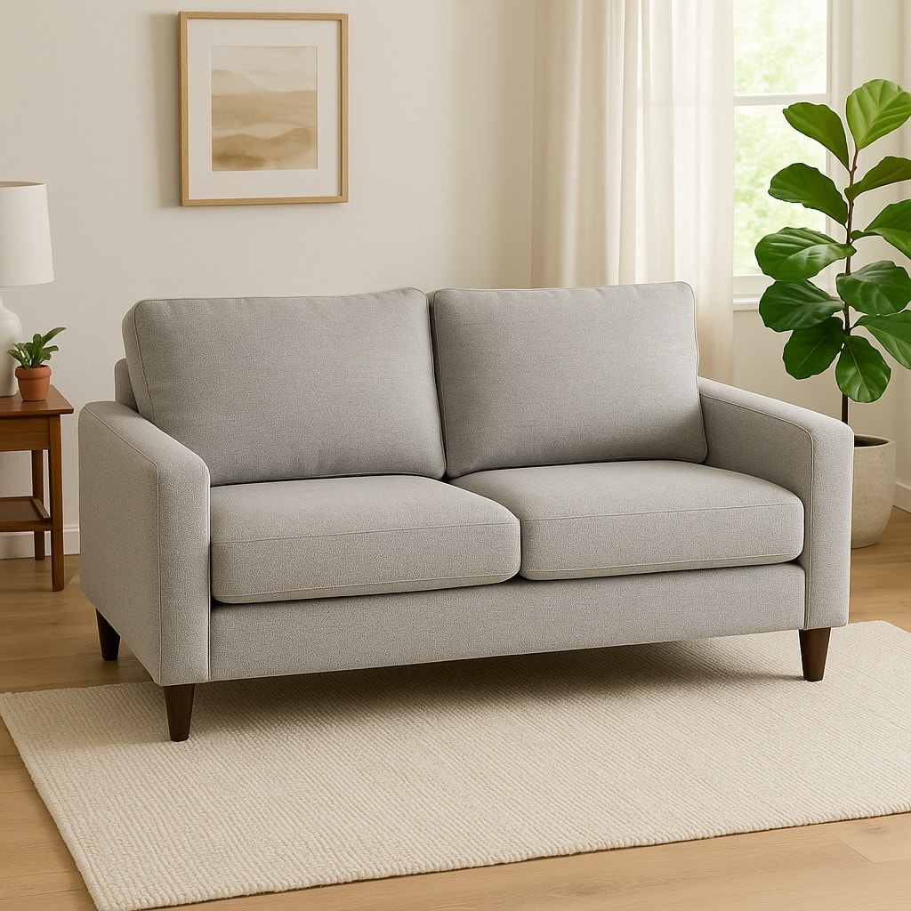 Contemporary loveseat reupholstery - Light gray modern fabric, VI Reupholstery Metro Vancouver