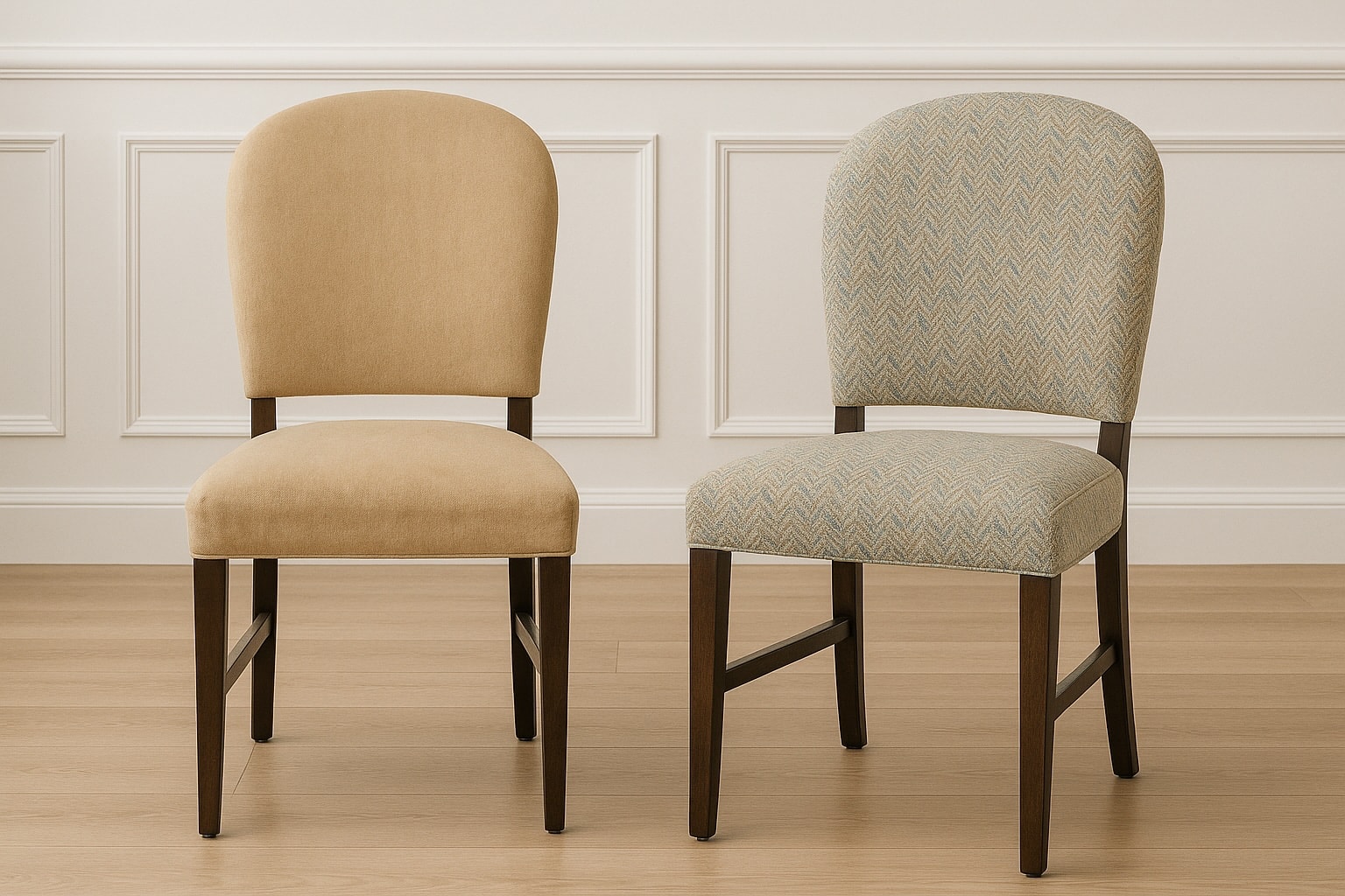 Dining chair reupholstery set - Beige and gray fabric options, custom chair upholstery Port Coquitlam
