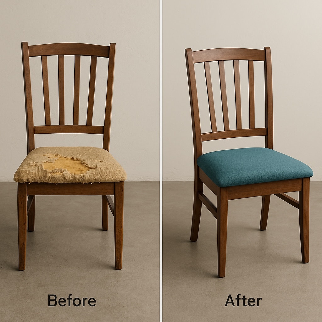 Chair transformation before and after - Rush seat to cushioned upholstery, furniture restoration Vancouver