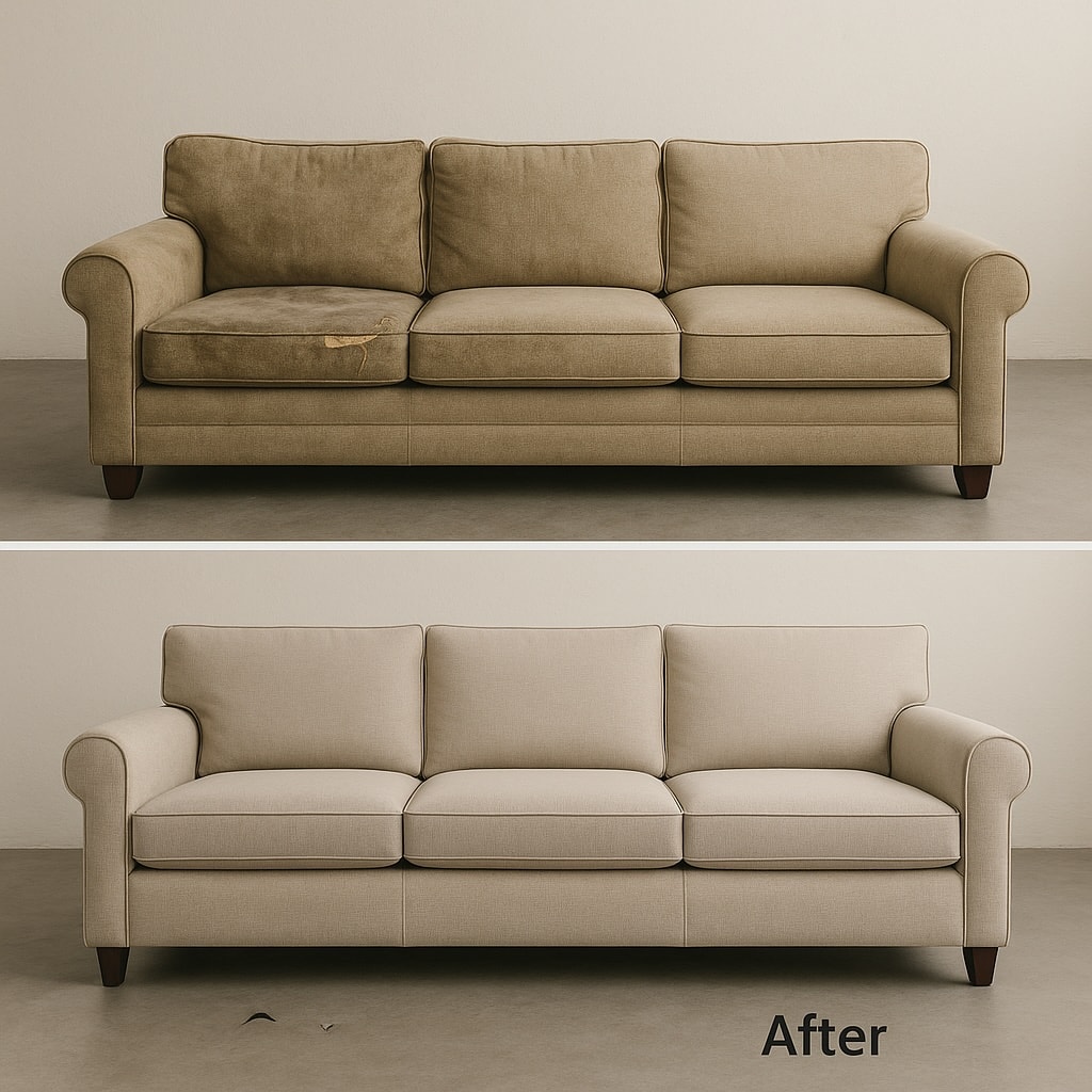 Three-seater sofa restoration - Olive and beige upholstery options, expert furniture reupholstery Metro Vancouver