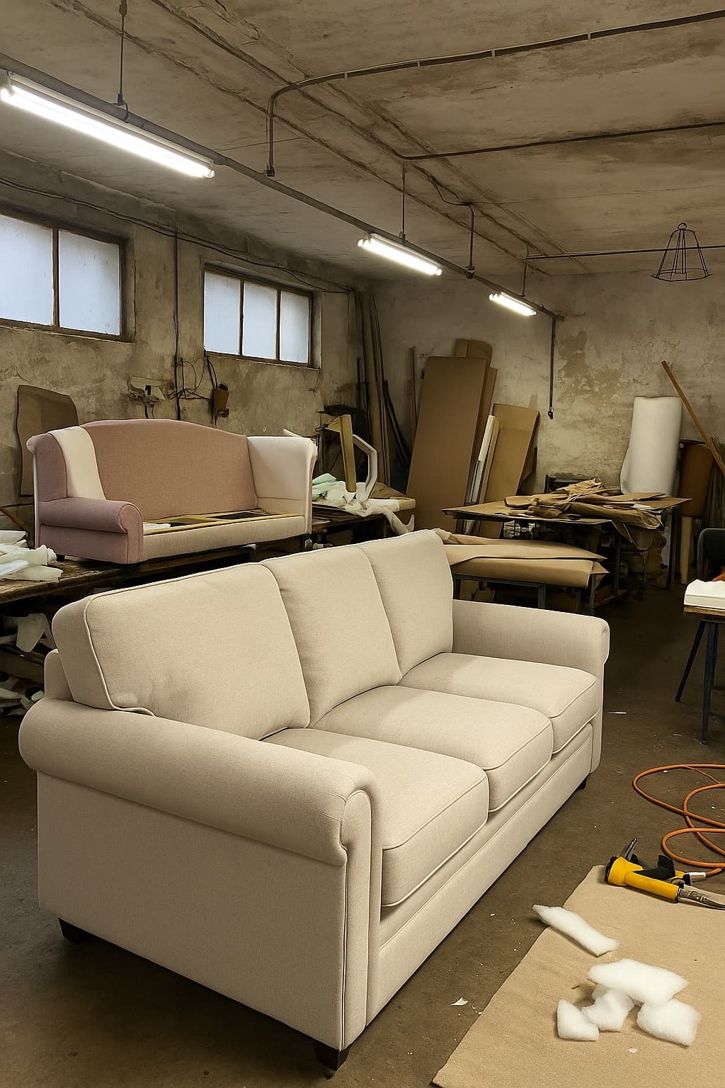 VI Reupholstery workstation with tools and in-progress furniture