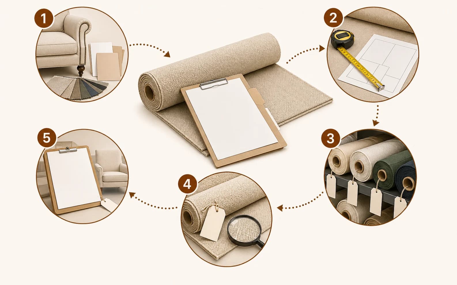 Textbook-style upholstery material ordering diagram with numbered stations for approved fabric choice, yardage assumptions, supplier stock, receiving inspection, and job file handoff.