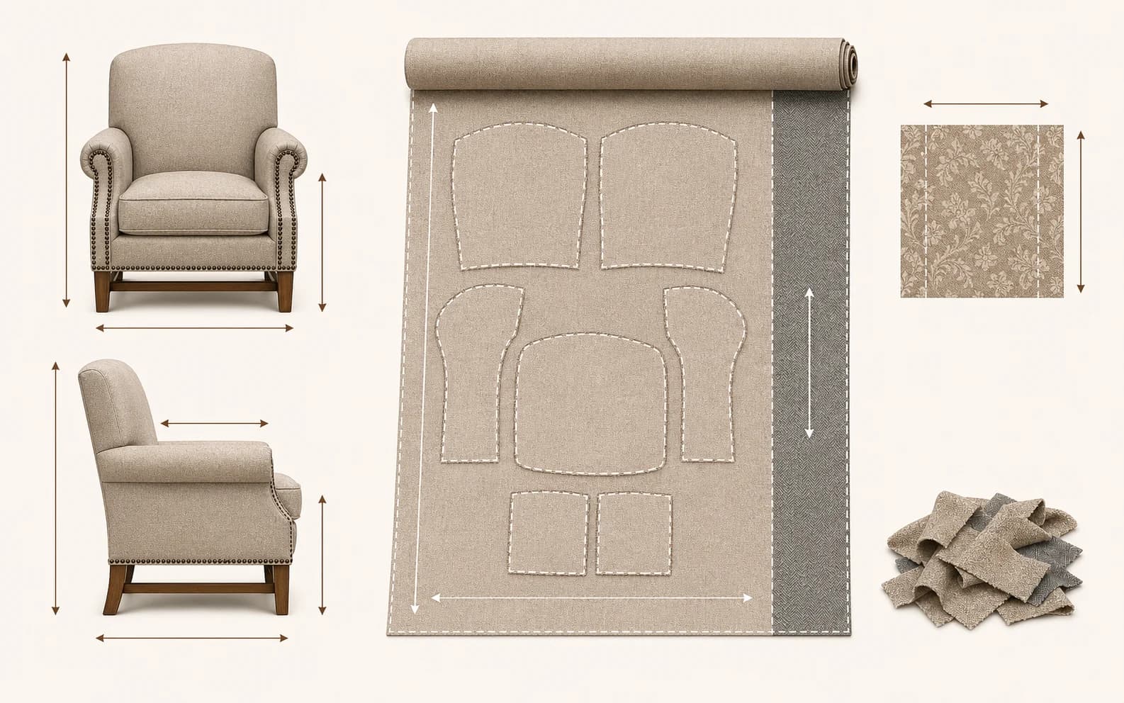 Textbook-style upholstery yardage diagram showing chair measurements, fabric roll layout with cut panels, pattern repeat, nap direction, and cutting waste.