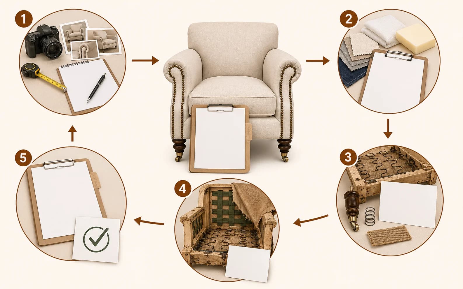 Textbook-style upholstery quote and change-order diagram with numbered stations for intake evidence, assumptions, exclusions, teardown findings, and approved change order.