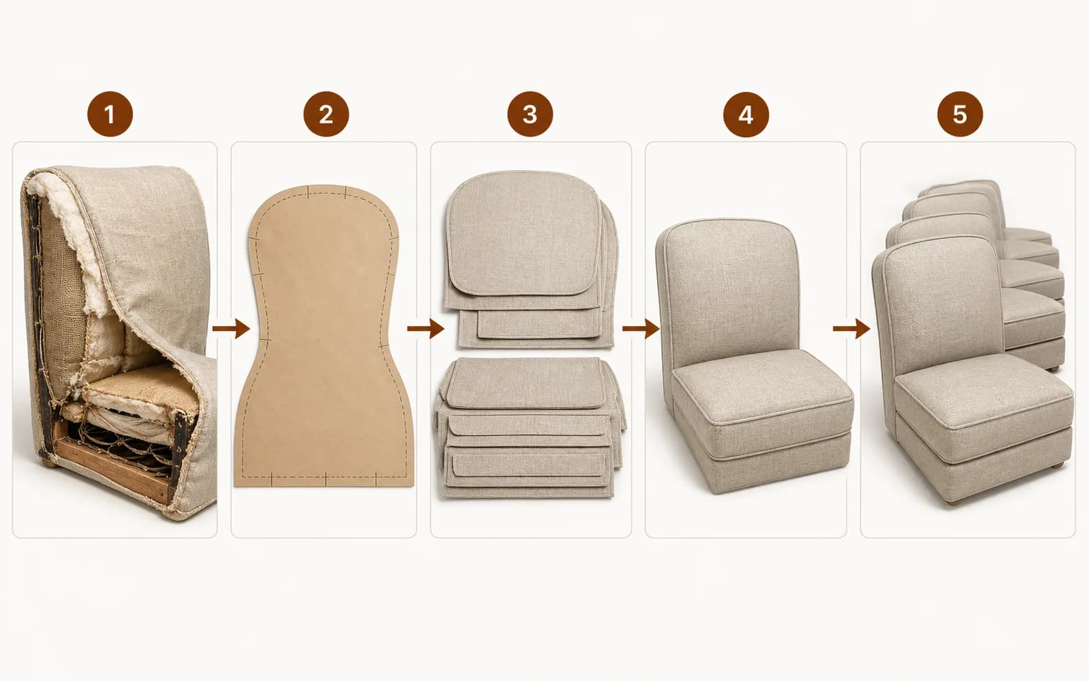 Textbook-style upholstery workflow diagram with five numbered stations showing removed cover evidence, a paper template, stacked cut pieces, a first fitted cushion, and a matching finished batch.