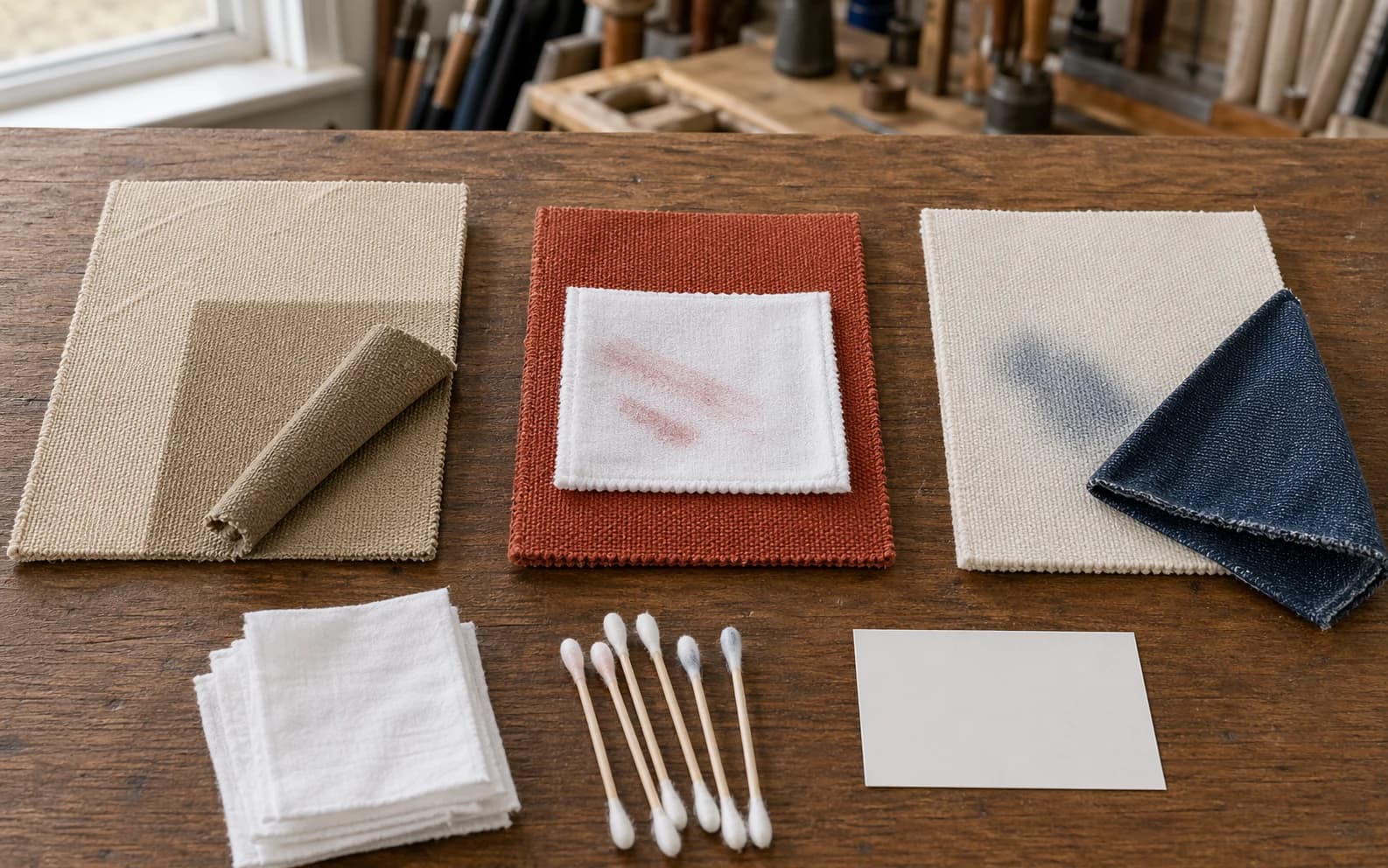 Photorealistic upholstery workbench figure comparing faded fabric beside a protected fold, crocking onto a white cloth, and outside dye transfer from dark denim.