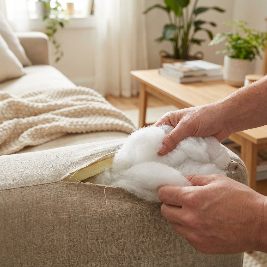 Hands inserting batting into a sofa cushion to restore loft