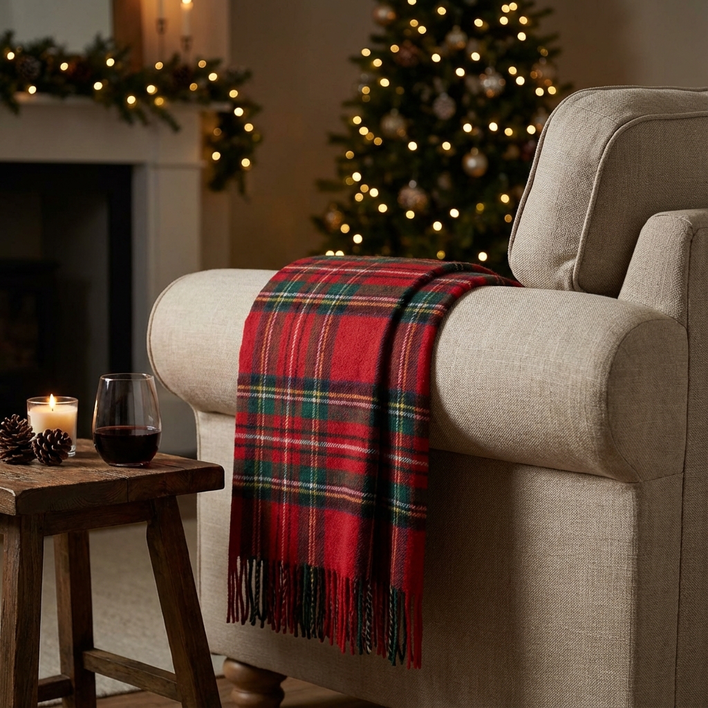 Festive throw blanket protecting a sofa armrest with holiday decor