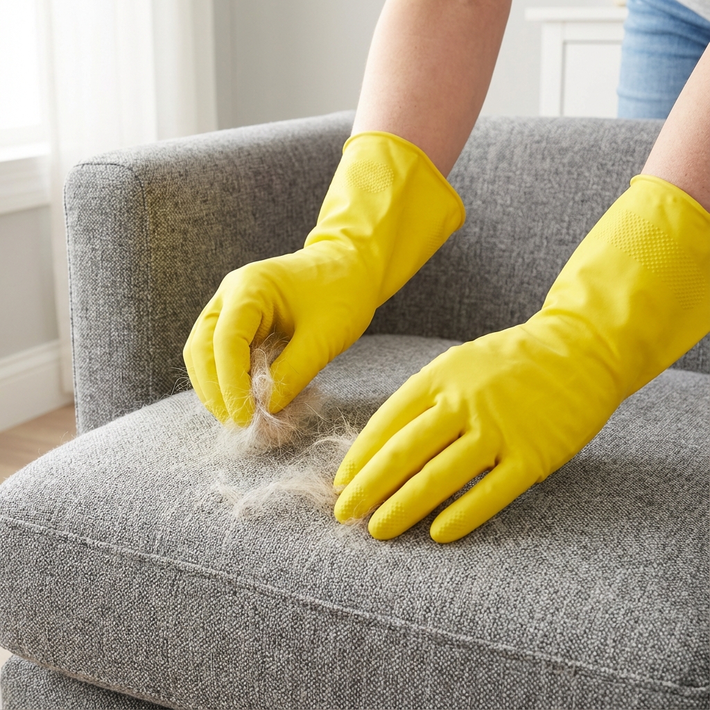 Using rubber gloves to remove pet hair from upholstery