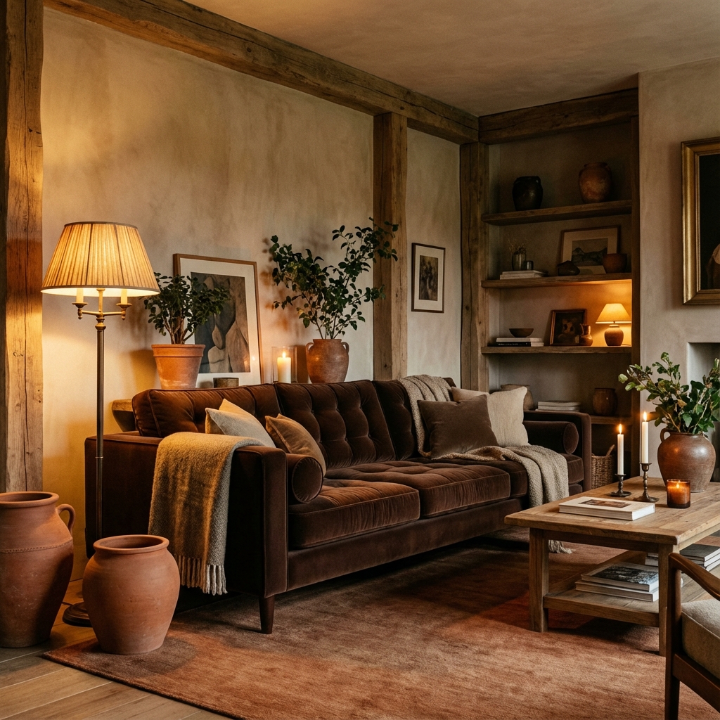 Rich chocolate brown velvet sofa in a moody, earthy living room