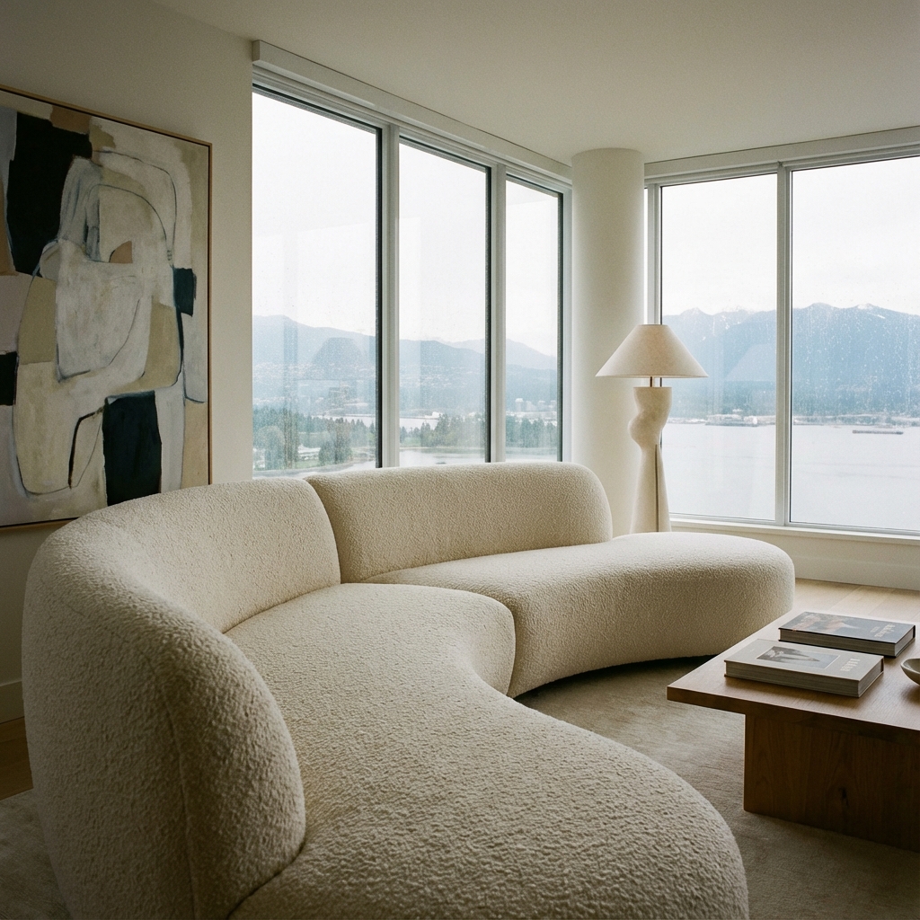 Oversized curved sofa in a modern minimalist living room with Vancouver mountain views