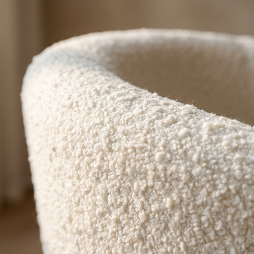 Close up of white shearling fabric texture on curved furniture